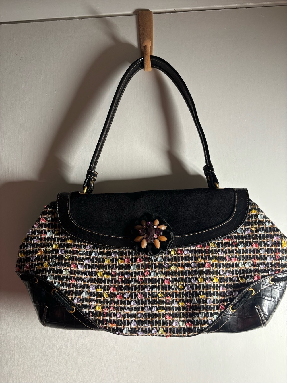Liz Claiborne purse handbag shoulder bag Black Multicolor Tweed Floral Accent